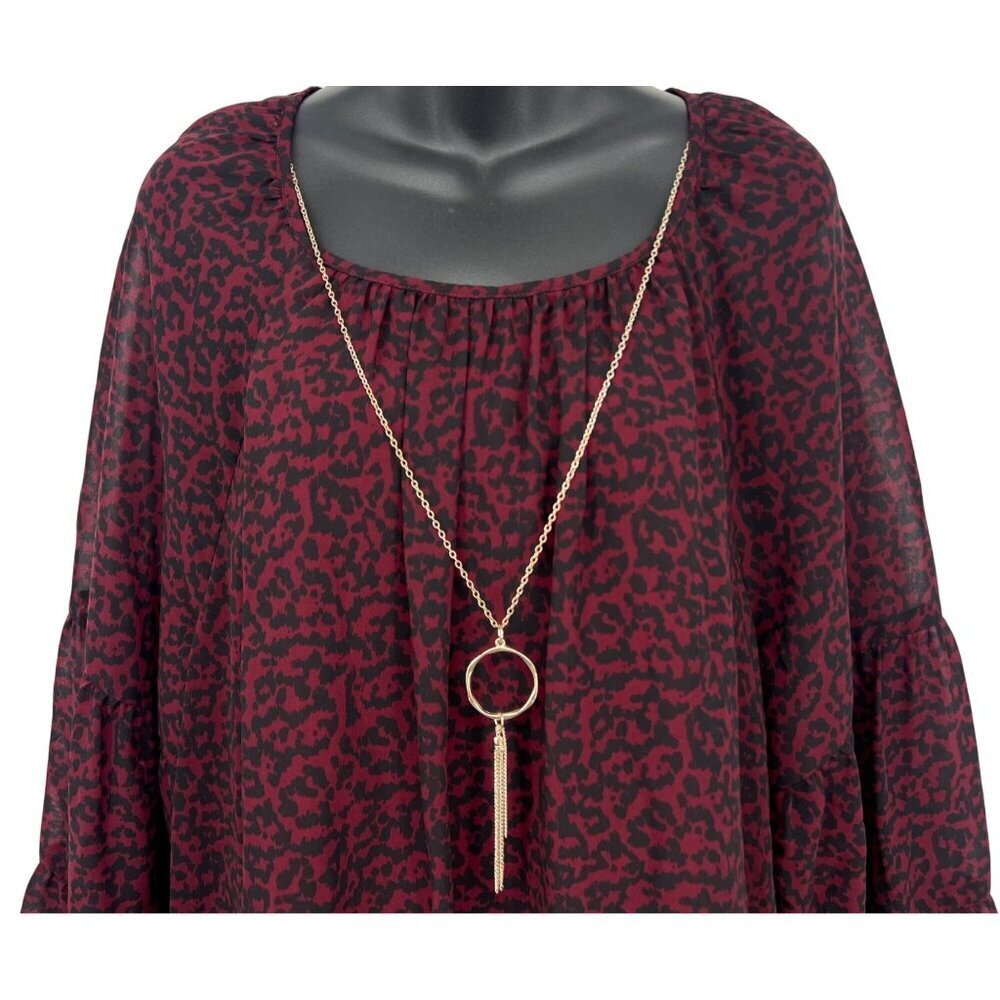 JM Collection Women XL Cherry Pie Red Black Leopard Blouse Long Bell Sleeve New - Picture 2 of 9